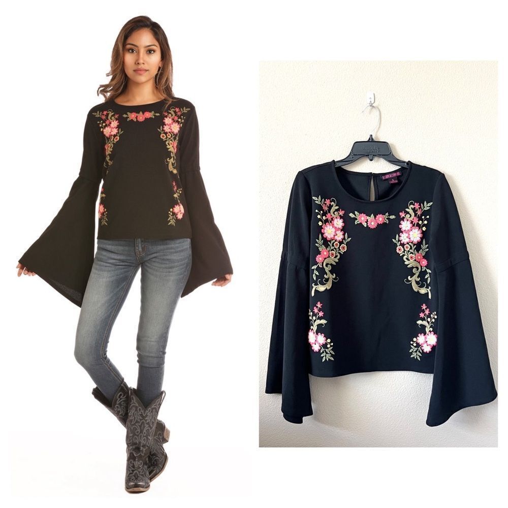 Rock & Roll Cowgirl Floral Embroidery Bell Sleeve Top